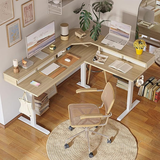 FEZIBO 63" L Shaped Standing Desk with 4 Drawers, Electric Standing Gaming Desk Adjustable Height, Corner Stand up Desk with Splice Board, White Frame/Light Walnut Top