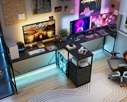 YOSHOOT 2 Person Computer Desk, 87" Long Gaming Desk for 2 People | Double Desk with 3 Fabric Drawers and 2 Power Outlets, Home Office Table for Adults and Teenagers, Black