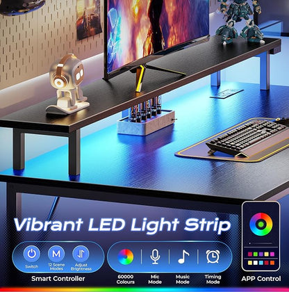 PRAISUN 40 inch Gaming Desk, LED & Power Outlets, Monitor Stand, Black | Sturdy PC Desk for Home Office, Study & Work, LED Lights, 4 AC Outlets & USB-C Charging Station