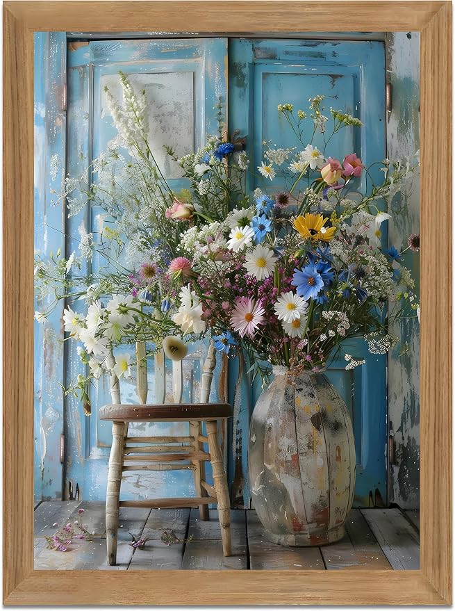Vintage Wildflower Bouquet Wall Art Framed Canvas, Rustic Floral Still Life Vase Painting with Blue Door Background, Farmhouse Cottagecore Flower Decor Picture for Living Room Bedroom Bathroom 16x12 Inch