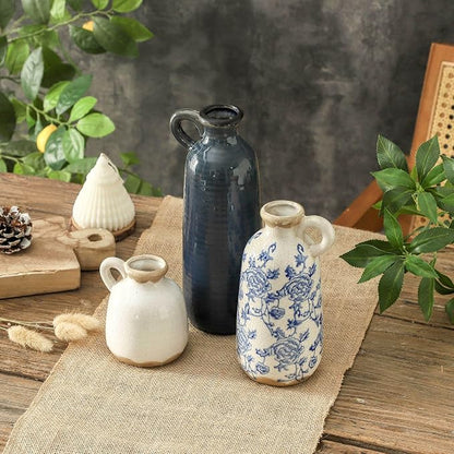 Ceramic Vase Set of 3 with Handle, Vintage Rustic Vases Home Decor Farmhouse Decorative Vase Pottery Decor Modern for Table Mantel Entryway Bookshelf Living Room Kitchen Bedroom - Blue