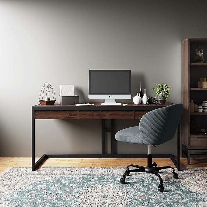 SIMPLIHOME Erina SOLID ACACIA WOOD Modern Industrial 72 Inch Wide Large Desk in Distressed Charcoal Brown, For the Office Desk, Writing Table, Workstation and Study Table