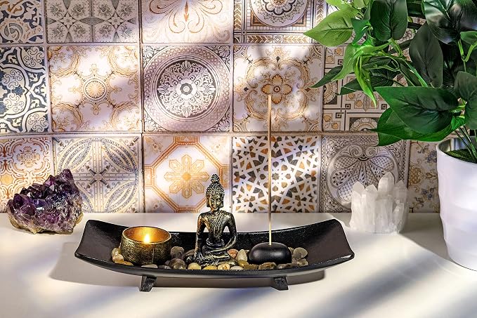 Jovivi Zen Garden Set Buddha Statue w/Tealight Candle Holder, Rocks & Incense Burner Holder & Wood Tray for Yoga Meditation Home Table Decor Gift