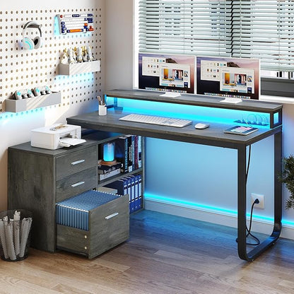 YITAHOME L Shaped Desk with Power Outlets & LED Lights & File Cabinet, 55" Corner Computer Desk with 3 Drawers and 2 Storage Shelves, Home Office Desk with Monitor Stand, Grey