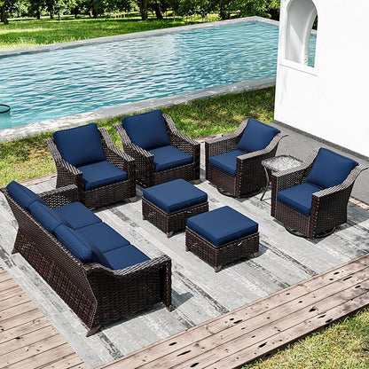 Joyside Wicker Patio Furniture Sets, 8 Pieces Upgraded Large Size Outdoor Furniture with Swivel Rocking Patio Chairs, Patio Dining Chair, 3-Seat Sofa, Outdoor Ottoman, Thick Cushions, Wide Armrest