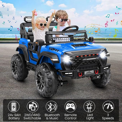Hikole 24V 2 Seater Ride-on Car with Remote Control, Electric Car for Kids, 4x100W Motor, Spring Suspension, LED Headlights, Music, Power Wheel for Boys and Girls, Blue