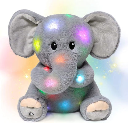 Hopearl LED Plush Elephant Lighting Up Stuffed Animal Floppy Night Lights Glow in The Dark Birthday Festival for Kids Toddler Girls, Gray, 11''