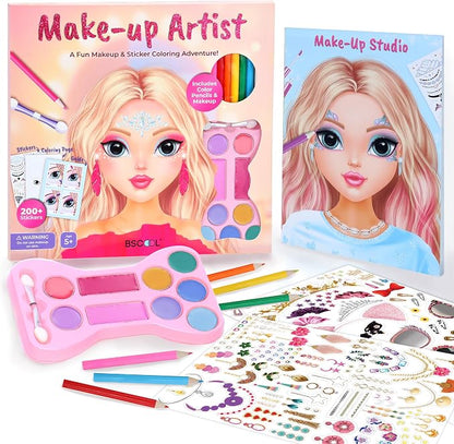 BSCOOL Make-up Artist. 3 in 1 Fun Makeup, Sticker, Coloring Kit, Includes Color Pencils, Makeup Palette, and 200+ Stickers. for Girls Ages 5,6,7,8. Make Up Style Coloring Book. Gift for Girls