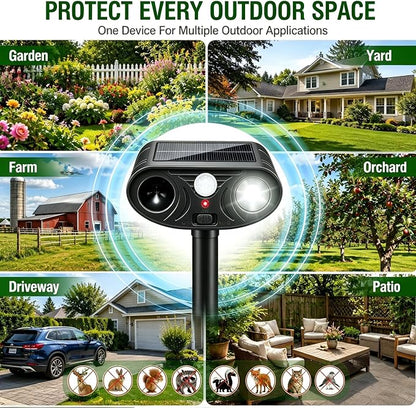 2026 new Solar Animal Repellent Ultrasonic Outdoor with Light Deer Repellent Devices Ultrasonic Cat Repellent Outdoor Fox Raccoon Rabbit Squirrel Coyote Deterrent Waterproof for Yard & Garden Black