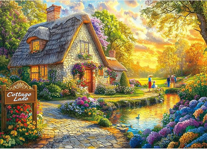 Fairy Tale Cottage 1000 Piece Jigsaw Puzzle for Adults - Scenic House Garden with Sunset & Colorful Flowers Landscape Challenging Puzzle Games Fun Family Activity （27.6" x 19.7"）