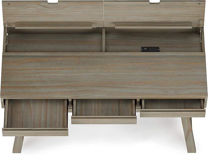 SIMPLIHOME Bowman SOLID WOOD Modern Industrial 54 Inch Wide Flip Up Desk in Distressed Grey, For the Office Desk, Writing Table, Workstation and Study Table