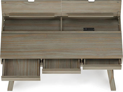 SIMPLIHOME Bowman SOLID WOOD Modern Industrial 54 Inch Wide Flip Up Desk in Distressed Grey, For the Office Desk, Writing Table, Workstation and Study Table