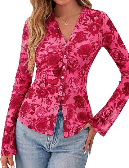 BTFBM Button Down Shirts for Women 2026 Fall Boho Tops V Neck Long Sleeve Blouses Ruched Mesh Fitted Fashion Clothing