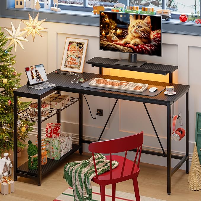 Bestier 52-Inch L-Shaped Gaming Desk with Charging & LED, Black | Charging 3AC+2USB, RGB LED 20 Colors/22 Modes, Reversible Shelves, Carbon Fiber Texture, Headphone Hook, 52 in