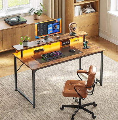 PRAISUN 40 inch Gaming Desk, LED & Outlets, Monitor Stand, Rustic Brown | Sturdy PC Desk for Home Office, Study & Work, LED Lights, 4 AC Outlets & USB-C Charging Station
