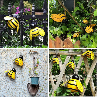 Yungeln Metal Wall Art, 4PCS Metal Bumble Bee Wall Decor, 3D Iron Bee Art Sculpture Hanging Wall Decorations for Outdoor Home Garden