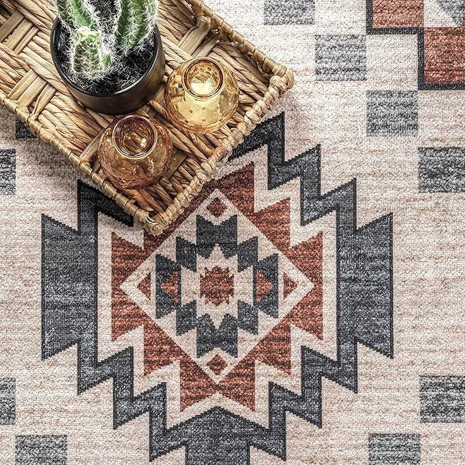 nuLOOM Leighton Machine Washable Southwestern Medallion Ultra Thin Area Rug, 9' x 12', Beige