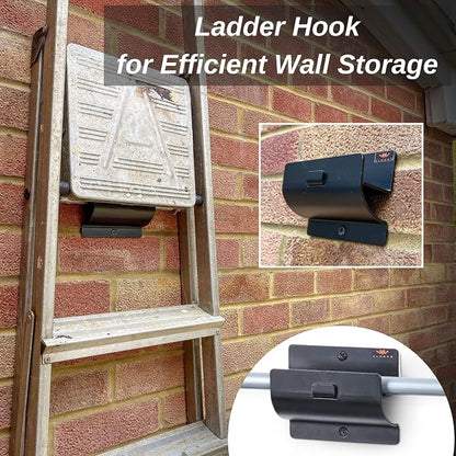 Ladder Hanger set of 2 For Garage Wall - Black Heavy Duty Utility Hook For Wall Mount Ladder Storage. Versatile Tool Holder To Maximize Space In Shed, Workshop, Garden, Hang Wheelbarrow, Folding Chair