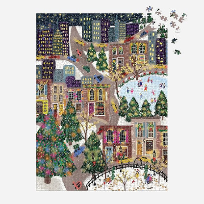 Galison Sparkling City – 1000 Piece Foil Puzzle with Illustrations of Colorful Merriments in The City with Gold Foil Accents