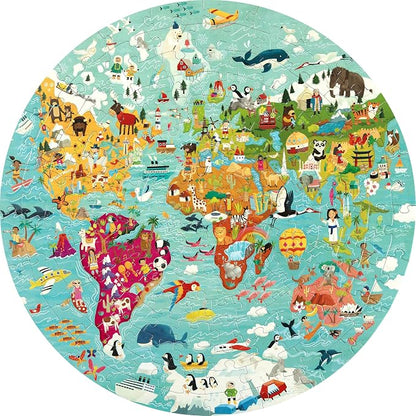 boppi World Map Round Jigsaw Puzzle with 100% Recycled Card 150 Pieces with Animals for Children 5 6 7 8 Years 58cm Diameter