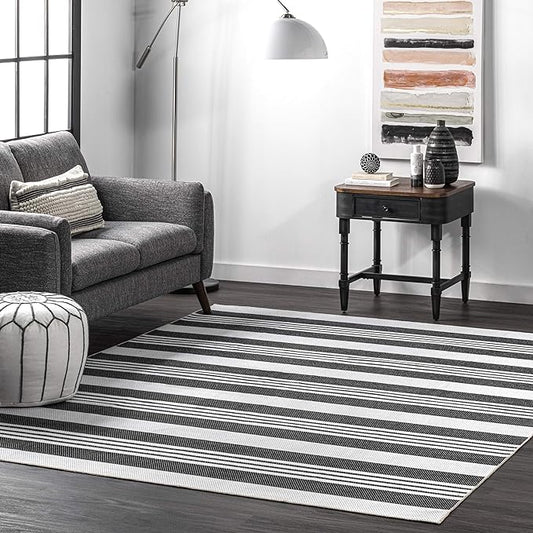 nuLOOM Lena Machine Washable Striped Ultra Thin Area Rug, 9' x 12', Grey