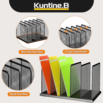 Kuntine.B Desk File Organizer Upright Mesh Desktop Organizer File Sorter Office Organization File Holder for Home, Office & Classroom (Black, 1 Pack 5-Section)