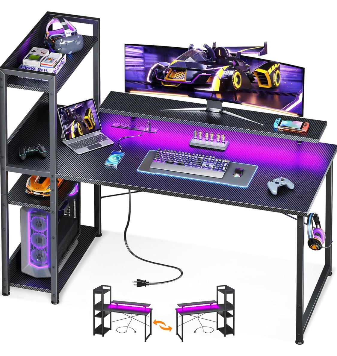 Gaming Desk with Power Outlets & Music Strip Lights,47In Reversible Computer Desk with Storages Shelves,Wooden Drawer& CPU Stand, PC Laptop Table with Large Monitor Stand for Home Office