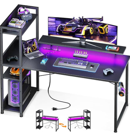 Gaming Desk with Power Outlets & Music Strip Lights,47In Reversible Computer Desk with Storages Shelves,Wooden Drawer& CPU Stand, PC Laptop Table with Large Monitor Stand for Home Office