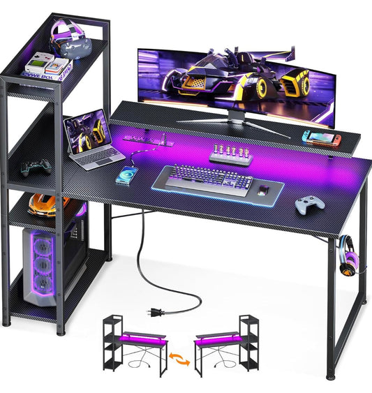 Gaming Desk with Power Outlets & Music Strip Lights,47In Reversible Computer Desk with Storages Shelves,Wooden Drawer& CPU Stand, PC Laptop Table with Large Monitor Stand for Home Office